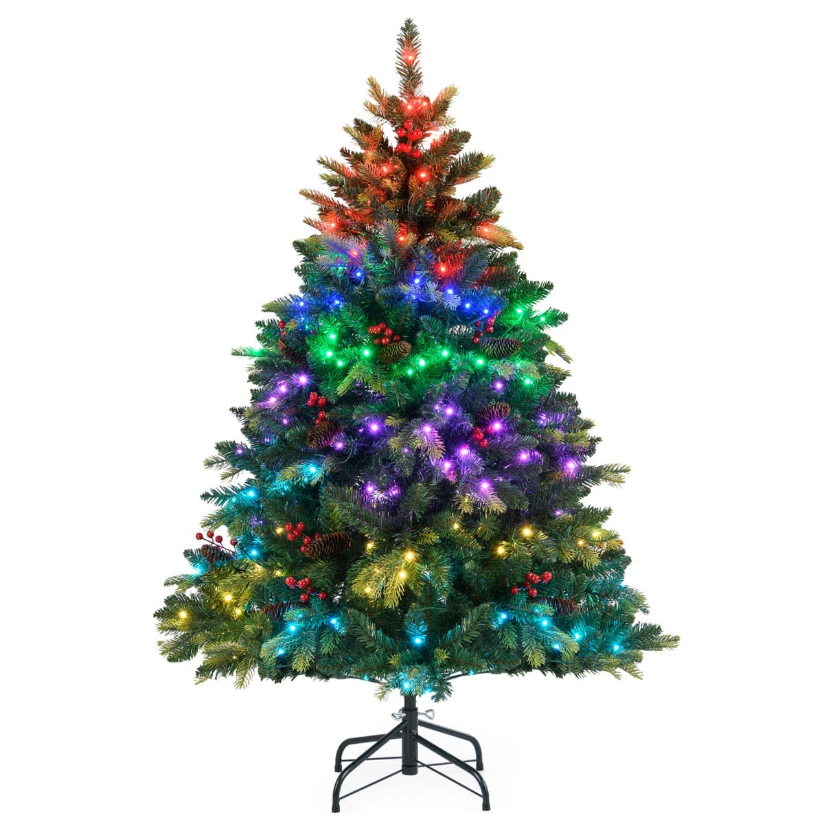 CostwayArbre de Noël Artificiel Pré-éclairé avec Télé Lumières RGB Multicolores Branches en PE&PVC Modes Scintillants Branches à Charnières