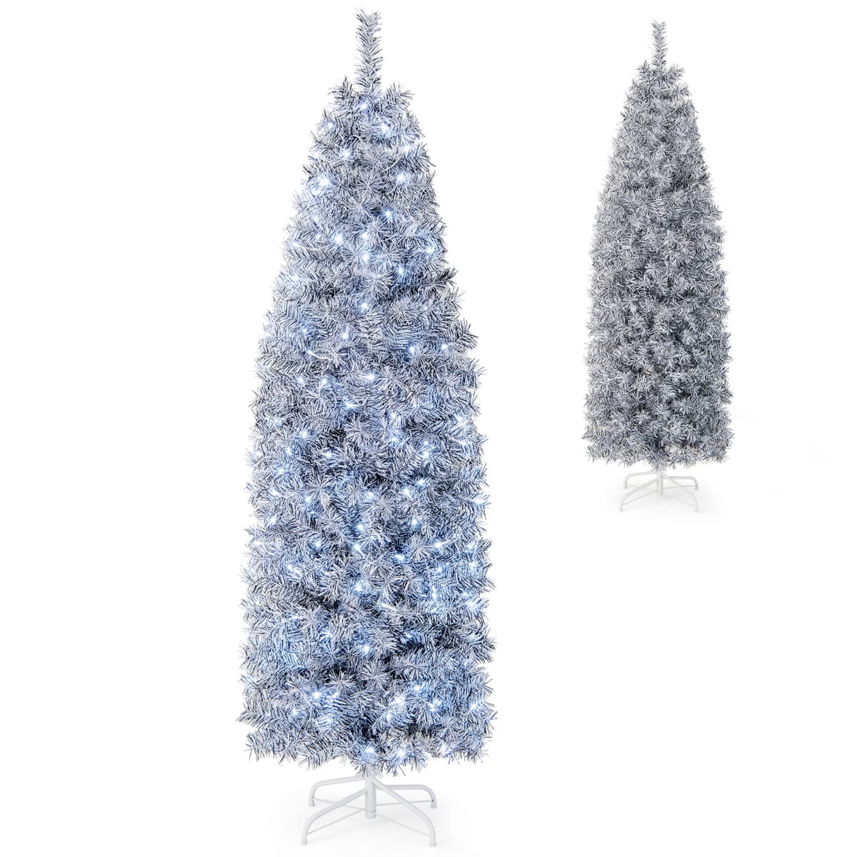 CostwaySapin de Noël Artificiel Pré-éclairé 180 cm 475 Pointes de Branches 250 Lumières LED Blanc Froid Forme Crayon Base en Métal Pliable Arbre de