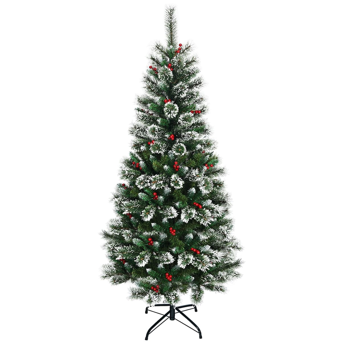 CostwaySapin de Noël Artificiel 180cm avec Flocons de Neige avec Baies Rouges Dense Base en Métal