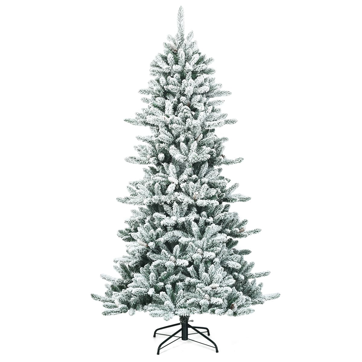 CostwaySapin de Noël Artificiel Enneigé Longiligne 210cm en PVC avec Pommes de Pin Blanches 1108 Branches et Pied en Fer Résistant