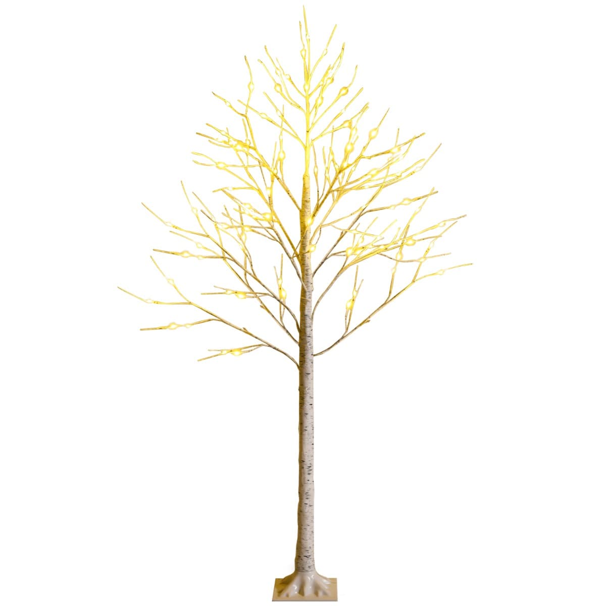 CostwayArbre de Noël Bouleau Blanc Chaud Artificiel 120cm avec 48 LED Lumineux Base Plastique Décoration Intérieur pour Noël