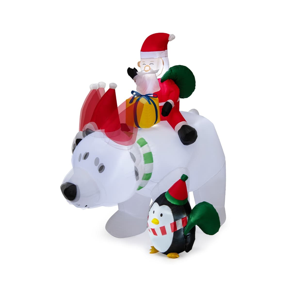 CostwayPère Noël Gonflable sur l'Ours Polaire Tête Oscillante 210 cm avec Pingouin Sacs-Cadeaux et Boîte-Cadeau Décoration de Noël