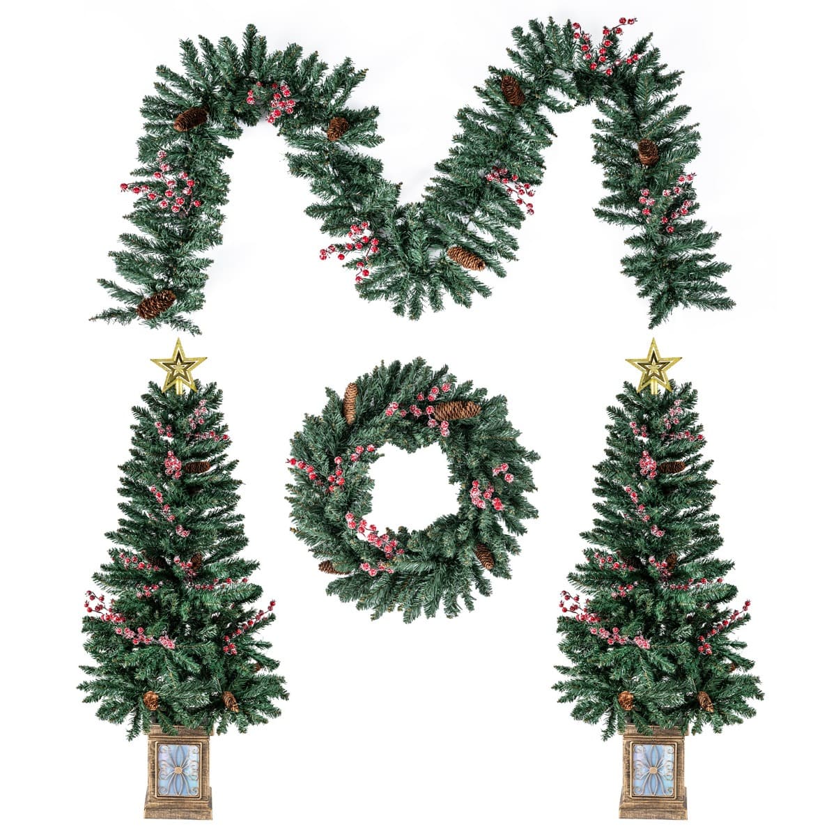 CostwayLot de 2 Arbres d'Entrée avec Guirlande et Couronne Ensemble de 4 Sapins de Noël en Pot avec Pommes de Pin Baies Rouges Givrée Vert