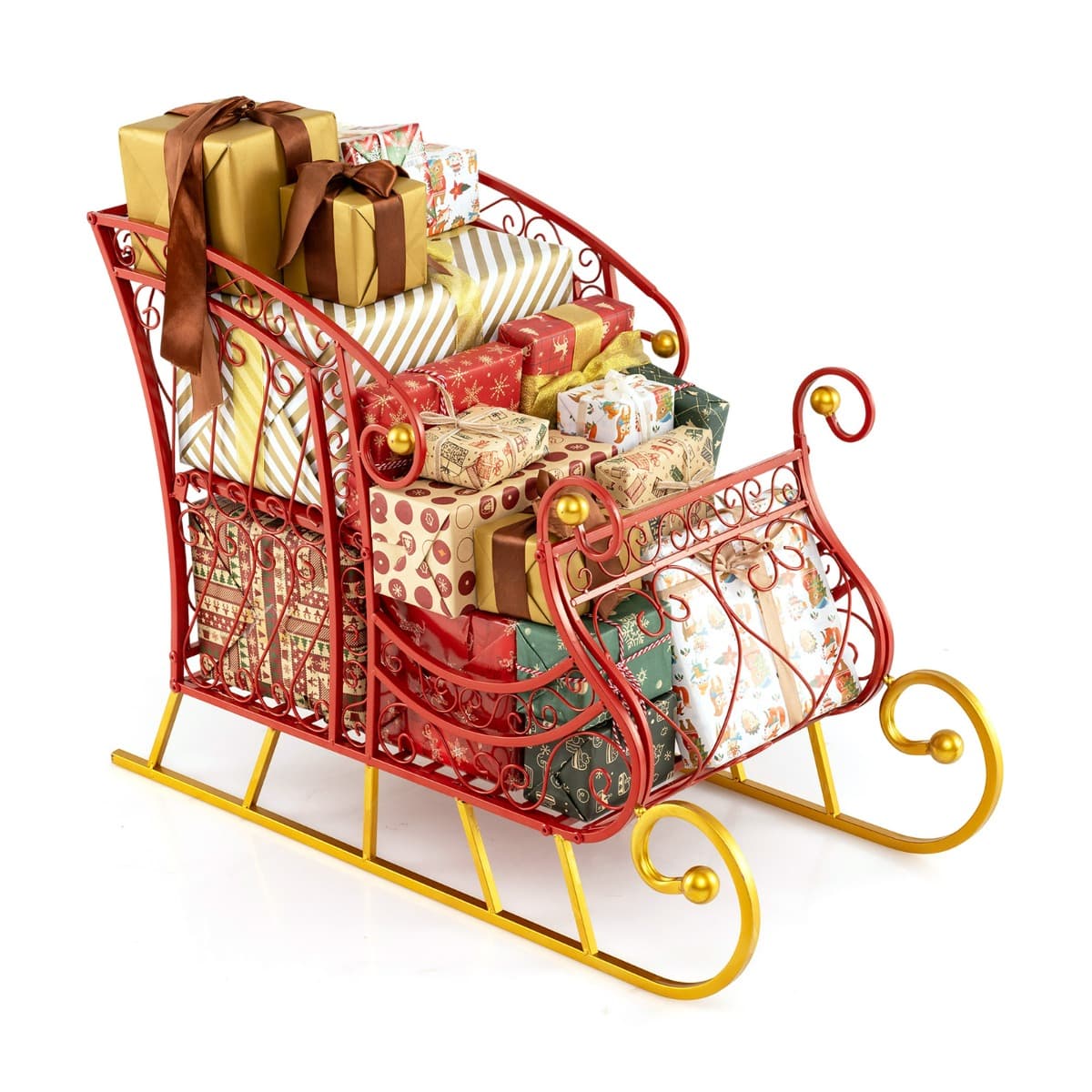 CostwayPanier Traîneau du Père Noël en Métal Traîneau de Rangement à 2 Niveaux pour Noël Chariot Décoratif Festif 85 x 42 x 61,5 cm Rouge