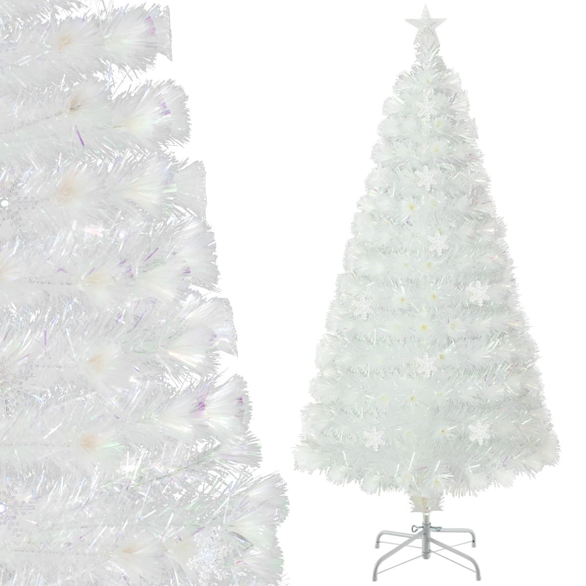 CostwaySapin de Noël Artificiel à Fibre Optique Pré-Éclairé 120cm Blanc avec Feuilles Irisées Lumières Led Flocon De Neige Multicolores