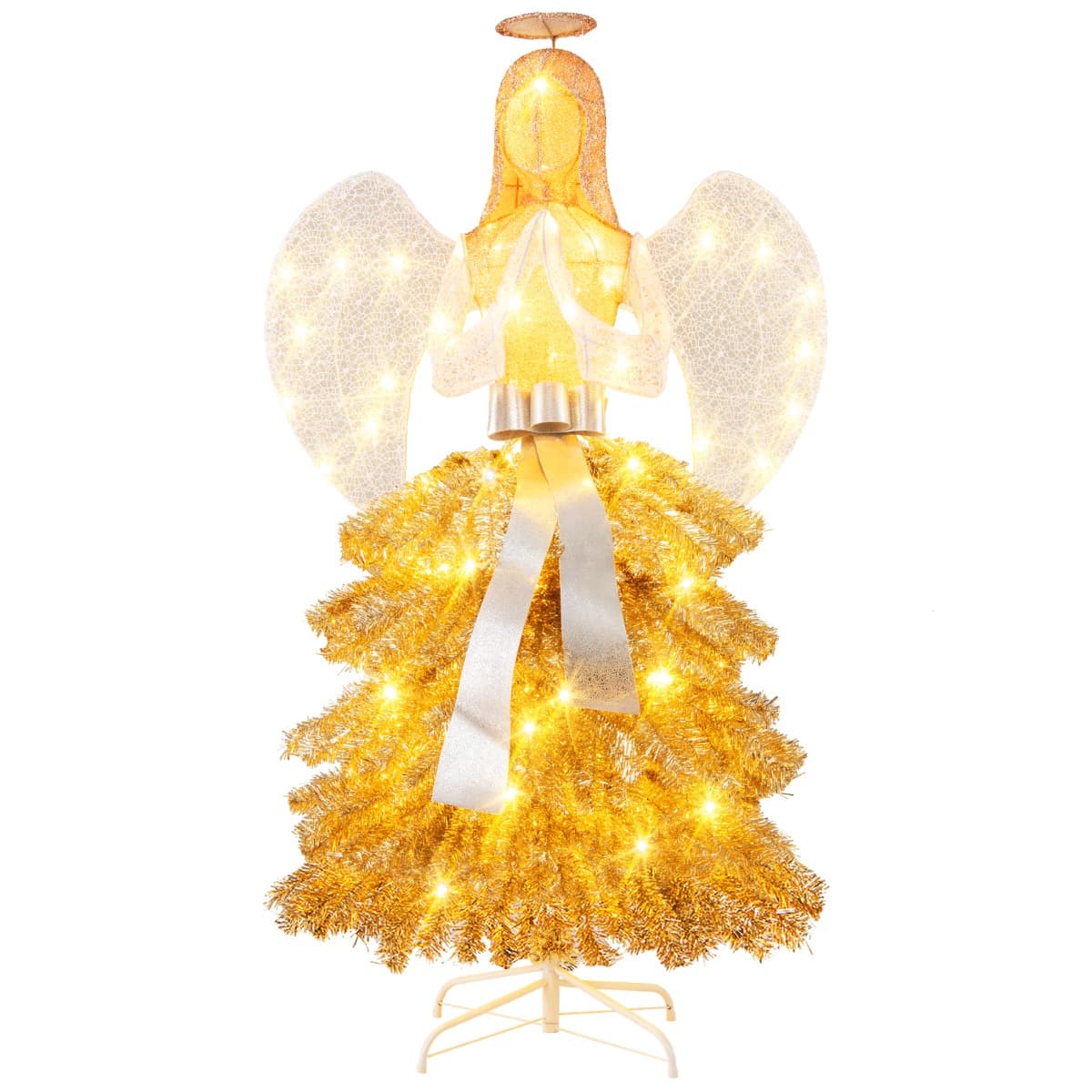 CostwaySapin de Noël Artificiel Illuminé de 157 cm en Forme d’Ange Décoration de Noël avec LED Blanc Chaud Feuilles Dorées Piquets