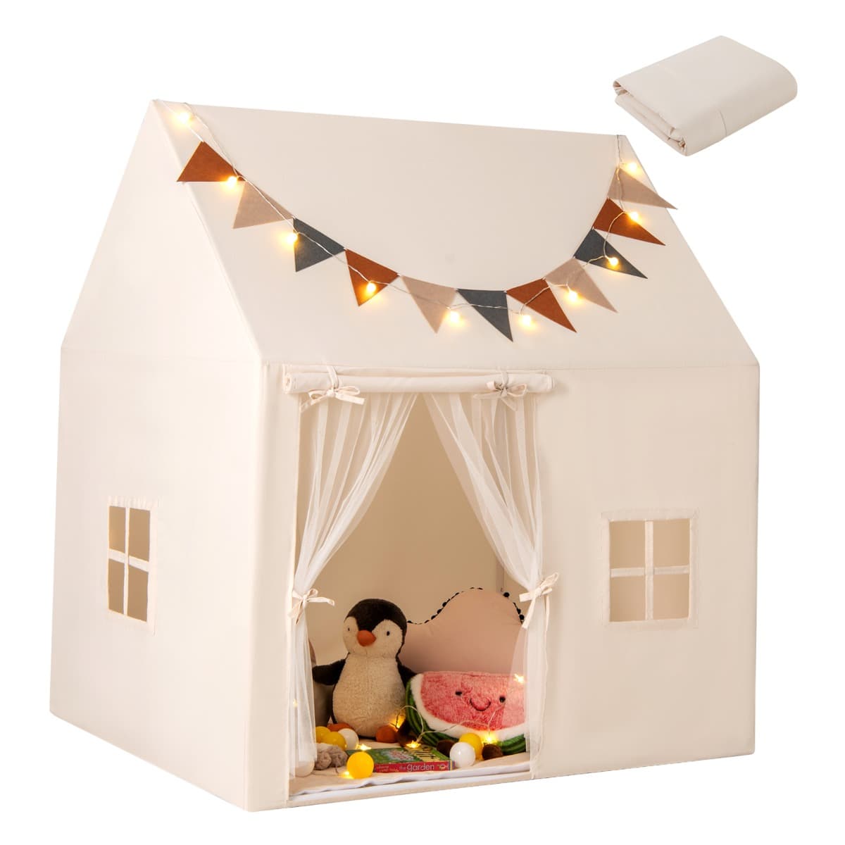 CostwayTente de Jeu pour Enfants Tente avec Tapis Antidérapant Rembourré Drapeaux Guirlandes Lumineuses Fenêtres pour 3-14 Ans Beige