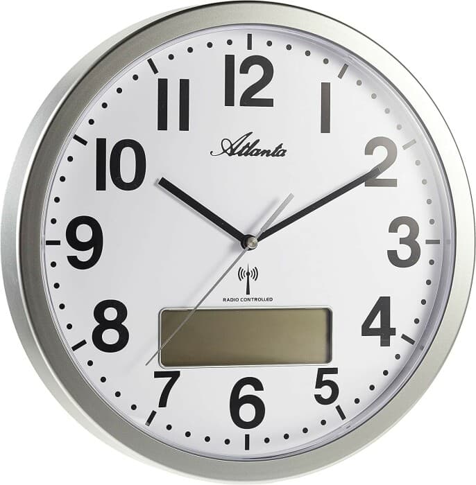 Horloge murale radio-pilotée avec date entourage gris argenté