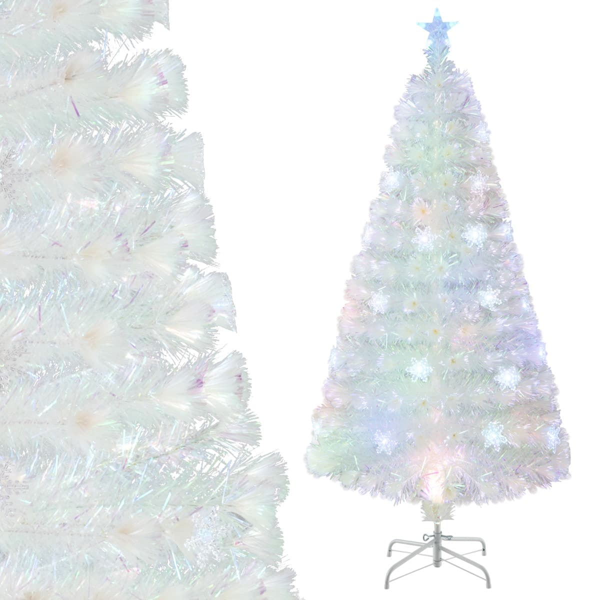 CostwaySapin de Noël Artificiel à Fibre Optique Pré-Éclairé 150cm Blanc avec Feuilles Irisées Lumières Led Flocon De Neige Multicolores