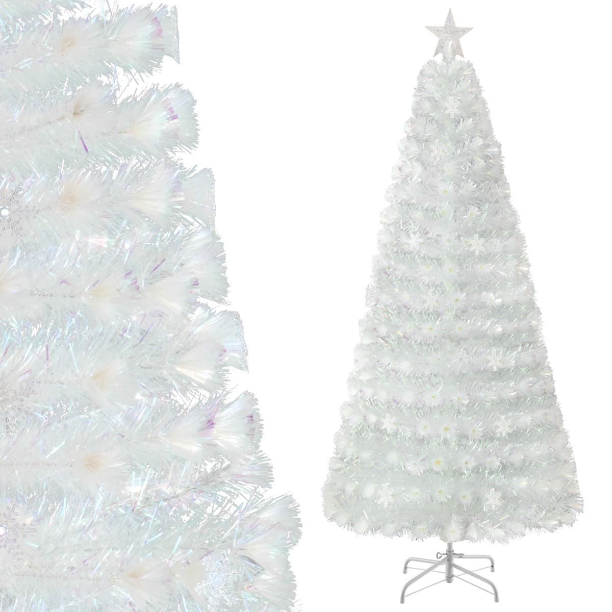 CostwaySapin de Noël Artificiel à Fibre Optique Pré-Éclairé 210cm Blanc avec Feuilles Irisées Lumières Led Flocon De Neige Multicolores