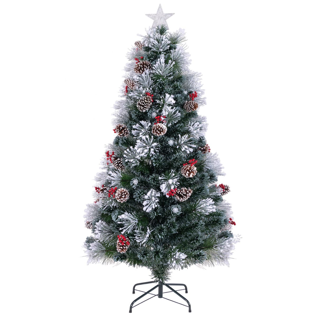 CostwaySapin de Noël Floqué Pointes de Branches Grappes de Baies Rouges Pommes de Pin Fibres Optiques Lumières LED 8 Modes d'Eclairage 180CM