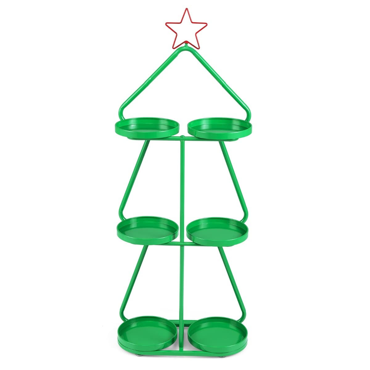 CostwaySupport pour Plantes de Noël Étagère d'Exposition à 3 Niveaux en Forme d'Arbre avec Étoile Rouge en Sommet & Cadre en Métal Vert